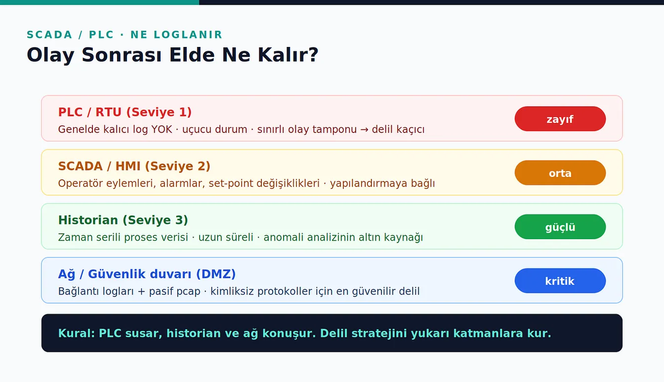PLC/RTU’yu zayıf, SCADA/HMI’yı orta, historian’ı güçlü, ağ ve DMZ’yi kritik delil kaynağı olarak sıralayan dört katmanlı tablo.
