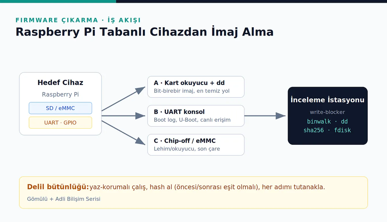 SD/eMMC depolamalı ve UART/GPIO pinli Raspberry Pi hedef cihazından kart okuyucu ve dd, UART konsol ya da chip-off yollarıyla binwalk, dd, sha256 ve fdisk araçlarının bulunduğu write-blocker’lı inceleme istasyonuna uzanan iş akışı şeması.