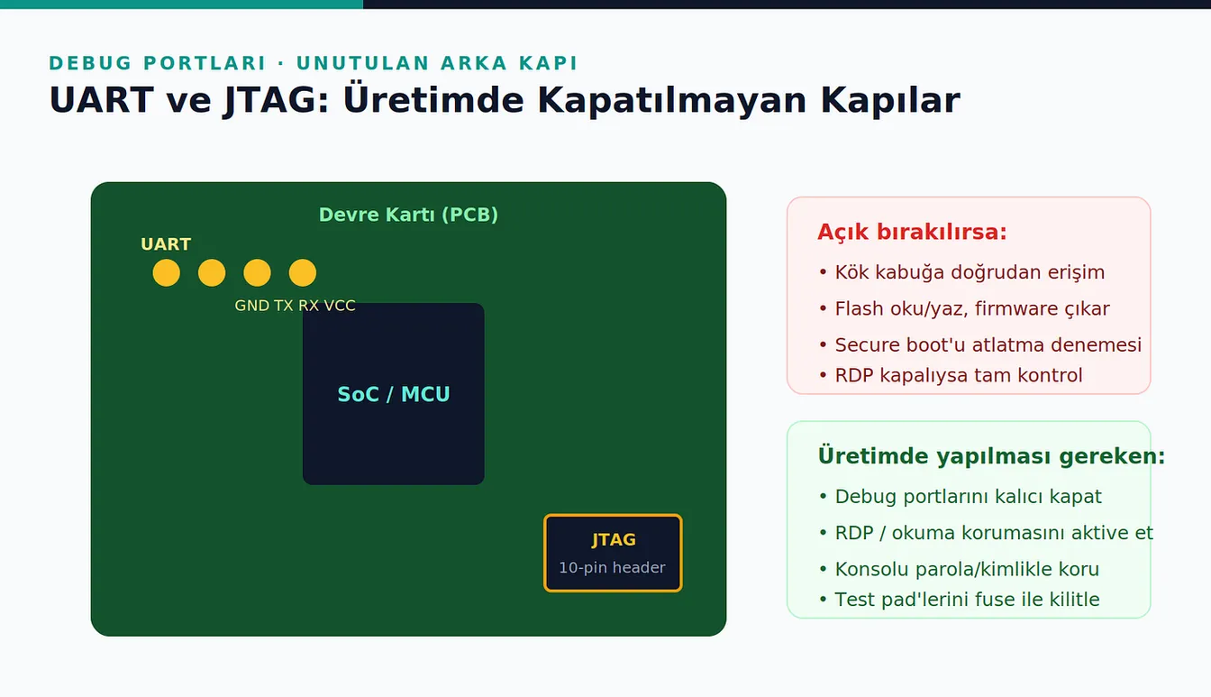 Devre kartı üzerinde SoC/MCU çipinin yanında dört pinli UART pad’lerini (GND, TX, RX, VCC) ve 10 pinli JTAG başlığını gösteren, yanında açık bırakılan portların risklerini ve üretimde alınması gereken önlemleri listeleyen diyagram.