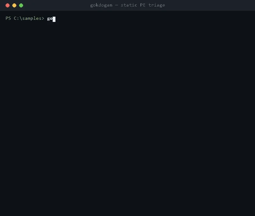 PowerShell terminalinde gokdogan’ın bir örnek dosyayı analiz edip çözülmüş string’leri, YARA eşleşmelerini ve 140 puanlık HIGH RISK kararını listelediği animasyonlu terminal kaydı.