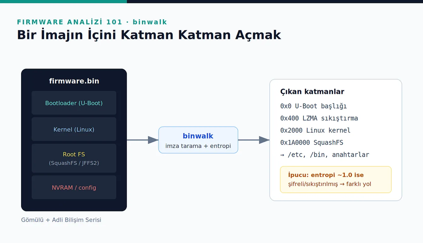 firmware.bin içindeki bootloader, kernel, root dosya sistemi ve NVRAM katmanlarını ve binwalk’ın bu imajdan çıkardığı U-Boot, LZMA, Linux kernel ve SquashFS ofsetlerini gösteren şema.